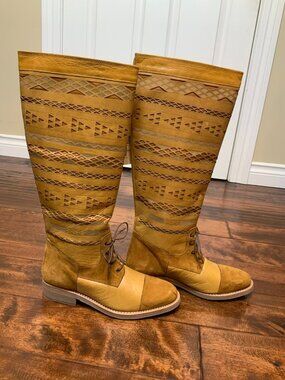 Cobra Society Dania Tall Brown Leather Laser Cut Knee High Boots, Size 39 | 9